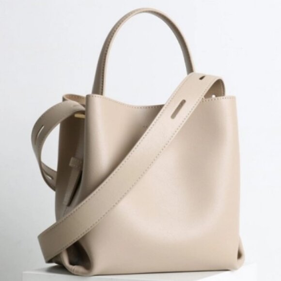 Baginning Handbags - Baginning Genuine Leather Beige Top Hand Minimalist Bucket Bag with Strap NWOT